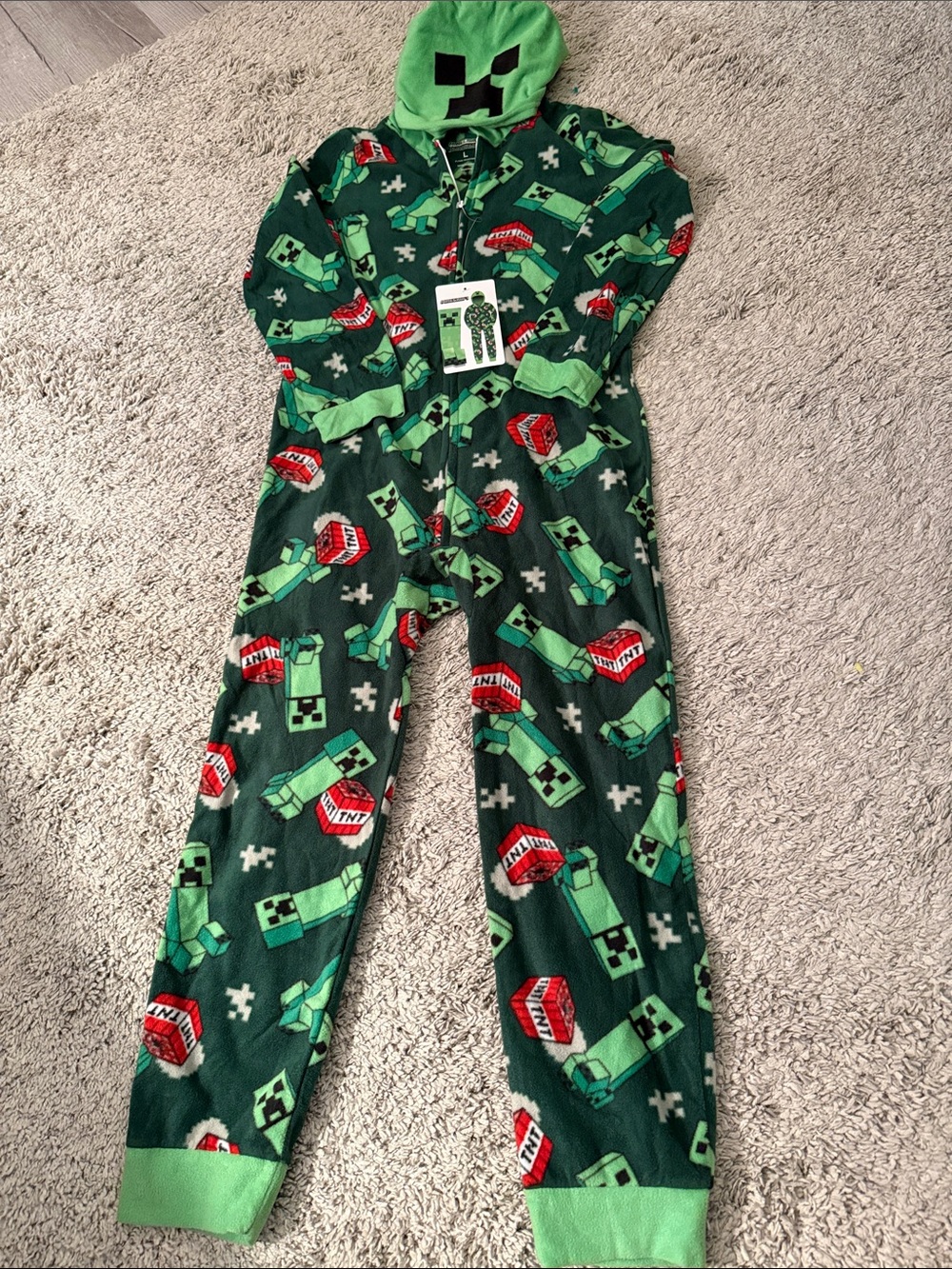 NWT Minecraft Creeper Kids Fleece Onesie with Hood flannel fall winter big kids